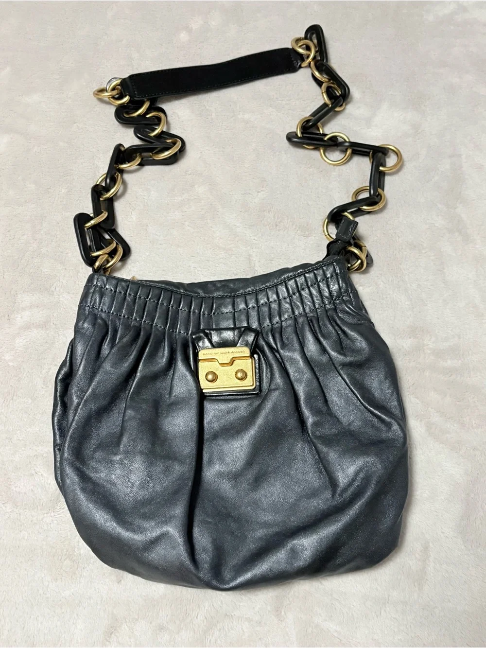 Marc By Marc Jacobs Single Strap Metallic‎ Hobo Handbag Gray Black Leather Chain
